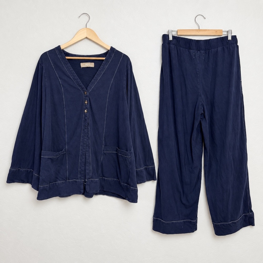 Free People Free-est Strada Pant Set Navy Blue Two Piece Wide Leg Large Lounge